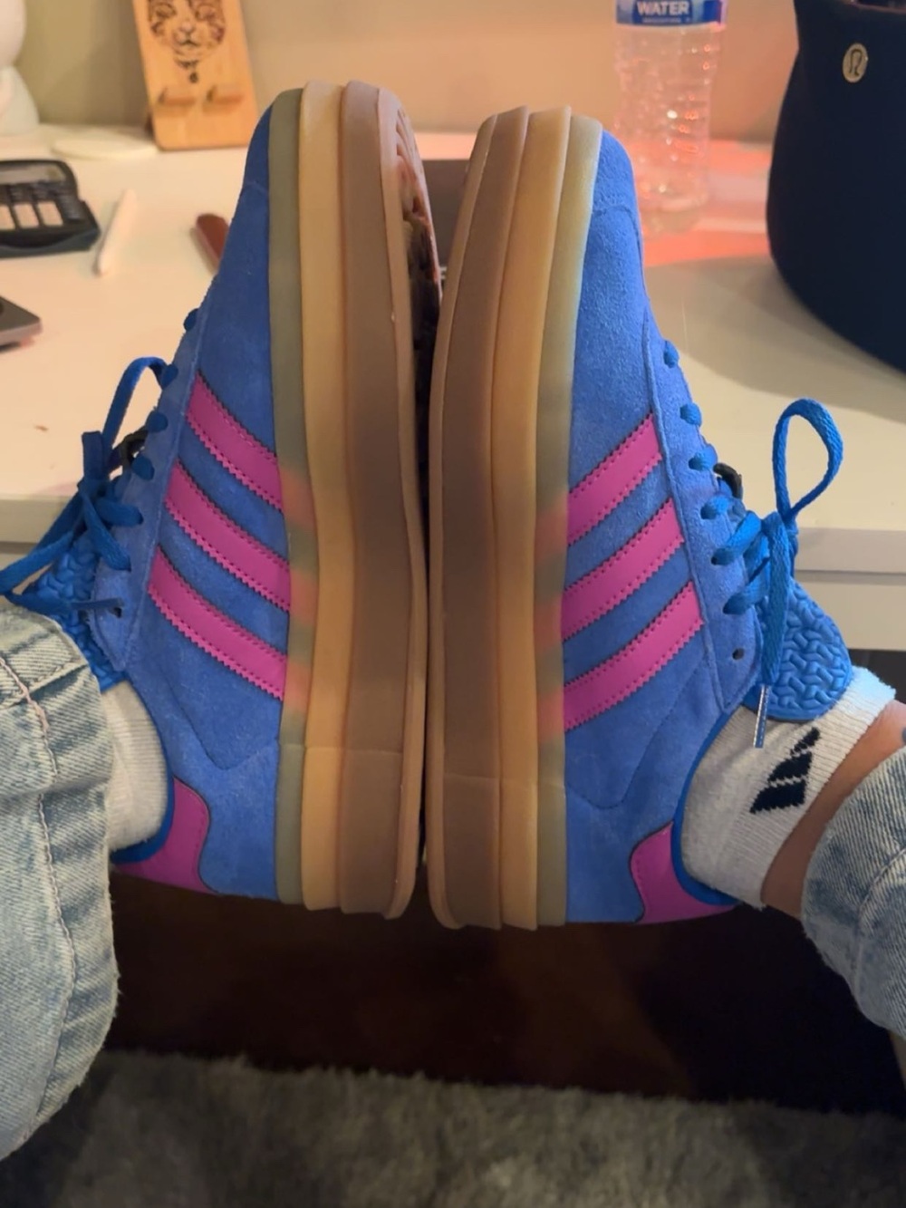 RARE!! adidas gazelle Blue Suede Sneakers with Pink Stripes and Gum Sole